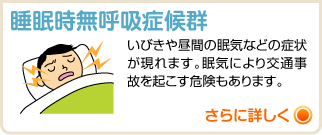 睡眠時無呼吸症候群 いびきや昼間の眠気などの症状が現れます。眠気により交通事故を起こす危険もあります。